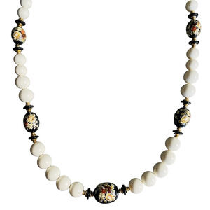 Vintage Painted Wooden Beads Faux Pearl Graduated Asian Necklace Cloison…